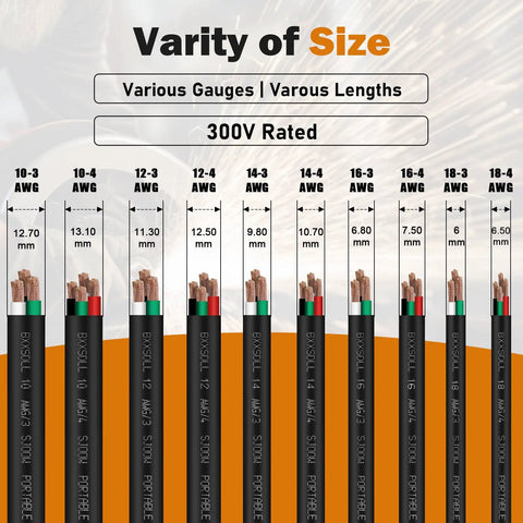 Variety of size options for Heavy Duty 150 Ft 12 Awg 4 Conductor 300V Sjoow Portable Copper Wire Oil And Water Resistant Extension Cable.