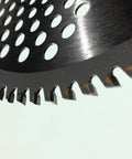 Close-up of a Three Pack Carbide Tipped String Trimmer Blade Eight Inch wood limb cutting teeth for heavy-duty brush cutting.