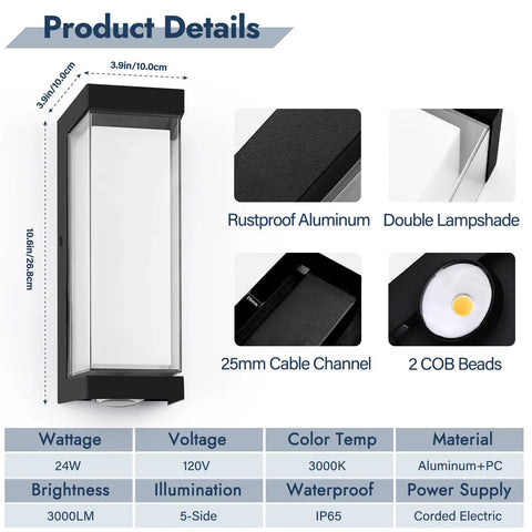 Rock Solid Black 24W Outdoor Wall Light Fixture IP65 Waterproof 3000 Lumens showing dimensions, rustproof aluminum and double lampshade details.