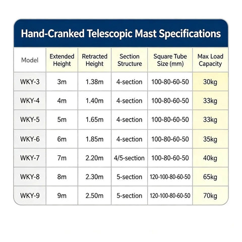 Hand-Cranked Telescopic Mast specifications detailing heights and load capacities for Knockout Performance Manual Winch Telescopic Mast 3 To 9 Meters.