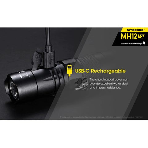 MH12V2 Plus NL2150 1200 Lumen USB Rechargeable Tactical Flashlight with USB-C cable connected, rugged design