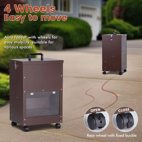 Rock Solid Gravity Dog Food Dispenser For Large Breed Pups 45 Lb Capacity, brown with wheels for mobility and clear viewing window.
