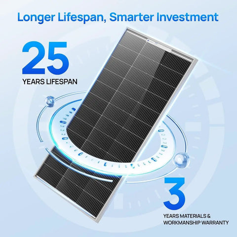 Top Shelf 100 Watt Solar Panel 18 Volt Monocrystalline Module showing 25 years lifespan and 3 years warranty features.