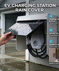 Built Different Outdoor EV Charger Enclosure Top Shelf Waterproof Rain Snow UV Guard with secure top hinge in use.