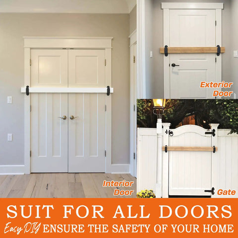 Heavy Duty Door Barricade Brackets Keep Your Entryway Locked Tight With This Tough Black Steel Safety Kit Packing Complete Hardware For Straightforward Mounting On Standard 2X4 Wood Frames. Multiple door configurations shown.