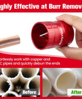 ROGVOC deburring tool, red, handheld; shown with copper pipe and PVC pipe ends.