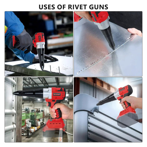 Cordless Rivet Gun Tool For M18 18V Battery Systems in use on metal sheets; features steady pressure and easy trigger pull.