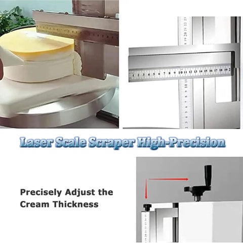 Automatic Cake Coating And Spreading Machine For 4 To 12 Inch Cakes With Adjustable Scraper And Turntable Pro Grade DIY Friendly Aluminum Alloy Construction For Smooth Frosting And Easy Decorating Pink showing precision scale and scraper details.