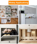 Collage of two different kitchen cabinets, a shoe organizer, and a wardrobe, showcasing versatile hinge applications.