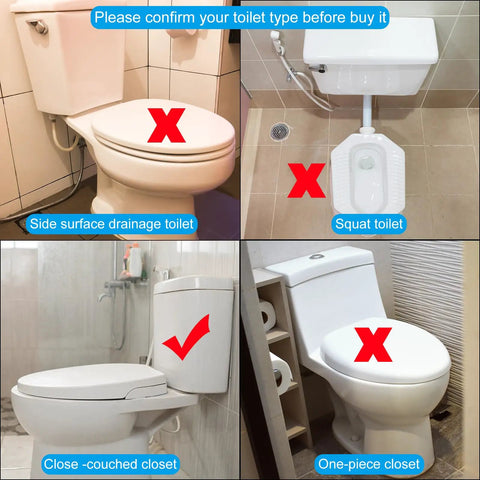 Image showing toilet types with checks and crosses for Premium Dual Flush Valve With Split Push Button For Toilet Bottom Fill Valve Water Saving Replacement Parts 2 Inch White Slick Finish No Sweat Setup Straight Up Top Shelf Plumbing Gear.