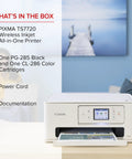 Wireless All In One Color Inkjet Printer With Auto Duplex For Home Photos, Fast 15 Black And 10 Color PPM, Easy Setup, 2.7 Inch Touchscreen, Copy And Scan, Compact Desk Ready Photo Printer showing printer with printout on white desk.