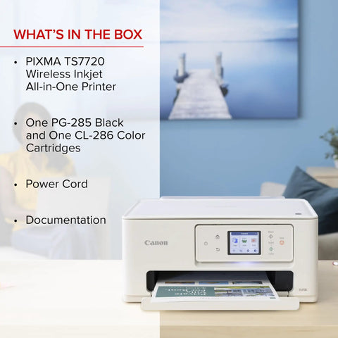 Wireless All In One Color Inkjet Printer With Auto Duplex For Home Photos, Fast 15 Black And 10 Color PPM, Easy Setup, 2.7 Inch Touchscreen, Copy And Scan, Compact Desk Ready Photo Printer showing printer with printout on white desk.