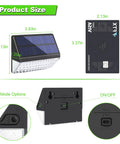 Diagram showing product size and features of 8 Pack Solar Fence Lights With Warm White And RGB Glow Modes Waterproof IP65 Outdoor Lights For Deck Fence Yard Patio Garden Pathway And Step Lighting Easy Install.