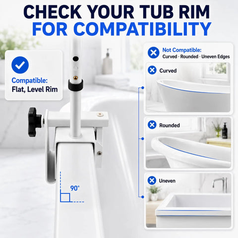 Heavy Duty Bathroom Safety Grab Rail For Seniors With No Fuss Snaps Right Onto 3.4 To 6.6 Inch Walls Rust Resistant Steel Bar compatible with flat, level tub rims.