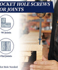 Job Site Ready Pocket Hole Screws One Quarter Inch Number Eight Coarse Thread Washer Head Square Drive For Exterior Deck Building Six Hundred Count Blue Coated Self Tapping Wood Fasteners Includes Quick Driver Bit used for 90 and flat joints assembly.