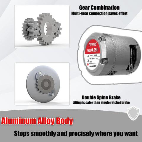 Gear combination and brake mechanism of 0.5 Ton Aluminum Hand Chain Hoist With 1100 Lbs Capacity, 10 Ft Lift Height, Dual Heavy Duty Hooks