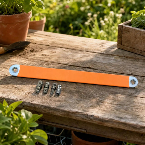 Premium Heavy Duty Offset Extension Wrench Rock Solid High Carbon Steel Construction with interchangeable socket adapters on wood.