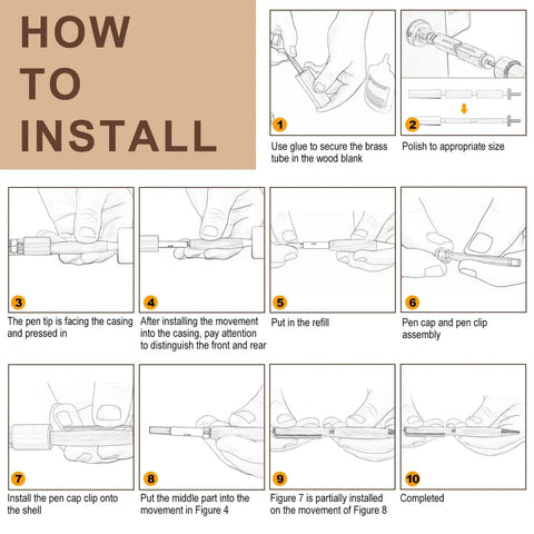 Installation steps for 10 Sets Woodturning Pen Kits Starter Package With 7mm Slimline Pen Kits Refill Includes Color Finishes Imitation Gold Rose Gold Bright Chrome Gun Black And Matte Black Plus Pen Blanks And Lumber For Lathe Turning DIY Crafts.
