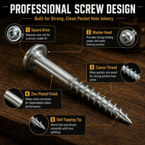 Close-up of Pro Grade Pocket Hole Screws Kit with 720 Pieces in Five Sizes, highlighting zinc plating and coarse thread design.