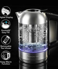 Digital Glass Electric Kettle With Temperature Control, 1.8L cordless, stainless steel body, removable tea infuser shown.