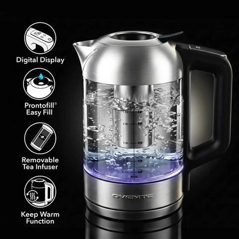 Digital Glass Electric Kettle With Temperature Control, 1.8L cordless, stainless steel body, removable tea infuser shown.