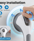 Top Shelf Shower Grab Bar With Heavy Duty Suction Mount For Seniors Elderly Portable Non Slip Bathroom Safety Handle No Sweat Setup Versatile 16 Inch Grey Support Rail Grip showing tool-free installation feature.