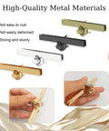 Premium Twist Lock Purse Clasps Featuring Matching Washers show various metal finishes and a hand demonstrating fitting.