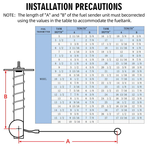 Heavy Duty Fuel Sending Unit With Float 0 To 90 Ohms Replacement For Cars Trucks Boats installation diagram with measurement details.