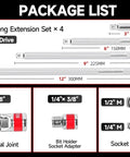 Package list of Eight Piece Three Eighths Inch Drive Socket Extension Set With Extra Long Bars, Socket Adapter, Universal Joint.