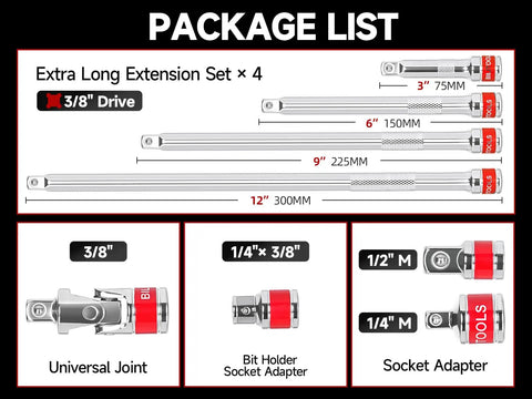 Package list of Eight Piece Three Eighths Inch Drive Socket Extension Set With Extra Long Bars, Socket Adapter, Universal Joint.