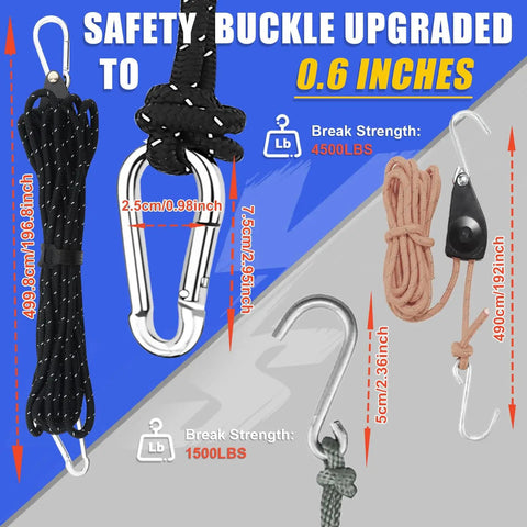 Heavy Duty Kayak Tie Down Straps Kit With Bow And Stern Loops And Easy No Knot Setup For Kayaks, Canoes, And Paddleboards On Roof Racks, Trucks Or Trailers shown with upgraded safety buckles and ropes
