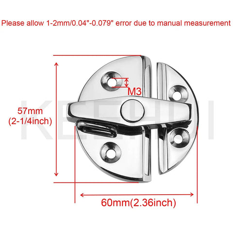 Rock Solid Marine Grade 316 Stainless Steel Twist Lock Boat Door Latch Catch With Salt Tested Build And Tight Mirror Polish For Coastal Watercraft, showing size dimensions 57mm and 60mm.