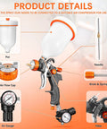 Kickass Hvlp Spray Paint Gun Set With Die Cast Aluminum Body Stainless Tip And Integrated Regulator showing pot, air flow cap, air gauge, and parts.