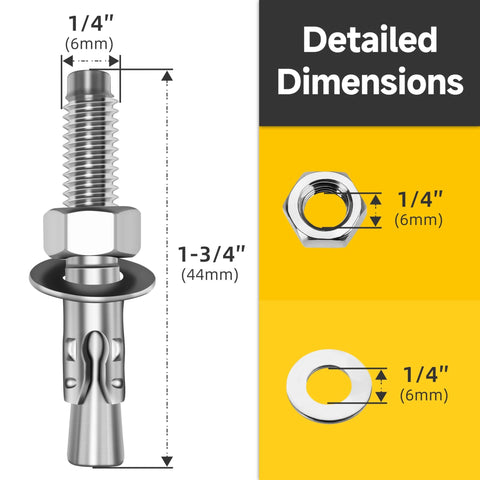 1/4 X 1-3/4 Inch Wedge Anchors, 10 Pcs, 304 Stainless Steel Heavy Duty Masonry Anchors For Brick Concrete And Cement, product dimensions