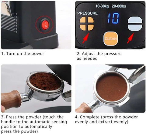 Straight Up Pro Electric Coffee Tamper Machine For Espresso with touchscreen and pressure adjustment instructions