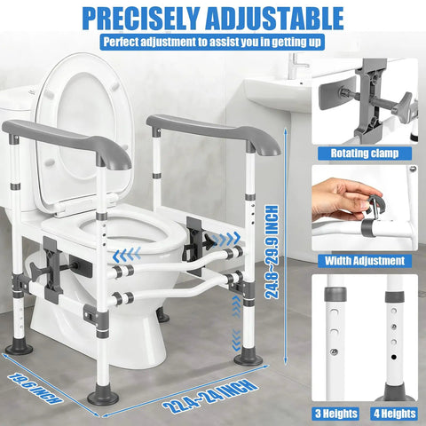 Top Shelf Heavy Duty Adjustable Toilet Safety Rails Featuring A Rock Solid Non Slip Grip Built As A Reliable Partner For Seniors And Mobility Challenged Folks Finding Ease When Sitting Or Standing At Home By Yourself with adjustable height features.
