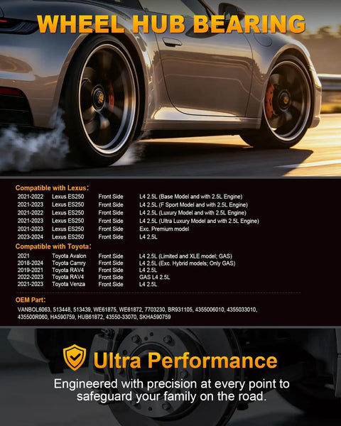 Built Tough 2 Pcs Front Wheel Hub And Bearing Assembly 5 Lug With Abs for Lexus ES250 and Toyota vehicles shown on car.