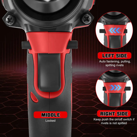 Heavy Duty Cordless Rivet Gun With Brushless Motor And Serious Torque Handles Stubborn Fasteners No Sweat showing control buttons and LED indicators.