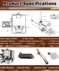 Product specifications diagram for Zero Hassle Smokeless Electric Coffee Bean Roaster Machine 200 Grams Capacity.