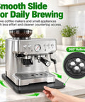 Heavy Duty Rolling Bamboo Appliance Slider Tray Easy Roll Kitchen Organizer For Coffee Makers Air Fryers Toasters Sturdy Wood Base Counter Space Saver No Sweat Moving Heavy Gadgets Daily on kitchen counter with coffee maker.