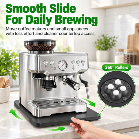 Heavy Duty Rolling Bamboo Appliance Slider Tray Easy Roll Kitchen Organizer For Coffee Makers Air Fryers Toasters Sturdy Wood Base Counter Space Saver No Sweat Moving Heavy Gadgets Daily on kitchen counter with coffee maker.