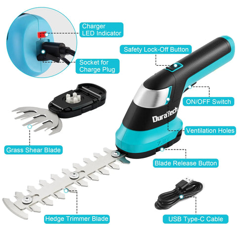 Cordless Hedge Trimmer And Grass Shear Combo with Battery, USB-C, and Blades for Shrub Pruning, Lawn Trimming – Easy Switch and Lightweight