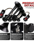 Badass Loud 12 Volt Train Air Horn System For Trucks And Trailers With Twin Heavy Duty Air Compressors Plus Four Piercing Metal Trumpets Ready To Drop In showcasing four black trumpet horns and air compressor.