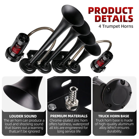 Badass Loud 12 Volt Train Air Horn System For Trucks And Trailers With Twin Heavy Duty Air Compressors Plus Four Piercing Metal Trumpets Ready To Drop In showcasing four black trumpet horns and air compressor.