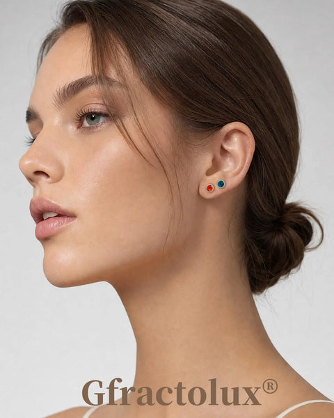 Model wearing Implant Grade G23 Titanium Opal Earrings Screwback Studs with a 5 MM centerpiece, showcasing color contrast.