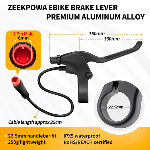 Dual Action Ebike Brake Levers With 2 Pin Connector And 2 Wires For Left And Right On Electric Bicycles And E Bike Scooters, 1 Pair, Instant Motor Cutoff For Safer, Smoother Stops. Premium aluminum, 22.5mm fit.