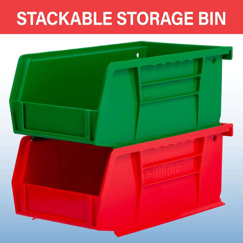 Green and red stackable storage bins with open front design, made of durable plastic for organizing space efficiently.