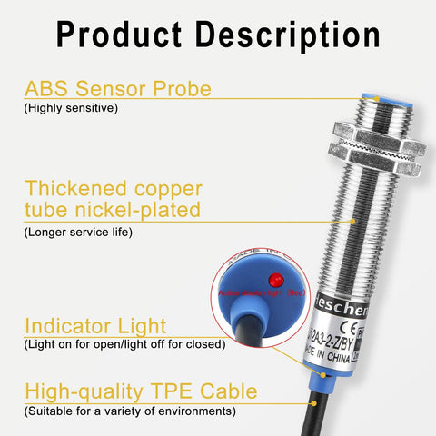 Product diagram highlighting features of Inductive Proximity Sensor Switch M12 Shield Type LJ12A3-2-Z/BY.