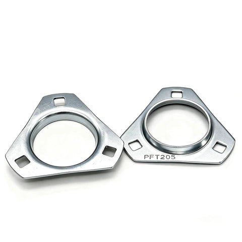 One Inch Setscrew Locking Three Bolt Flange Bearing Housing With Stamped Steel Shell And Tough Chrome Steel Core For Farm Augers And Conveyor Rollers Rock Solid Seamless Swap Upgrade, featuring two stamped steel flanges.