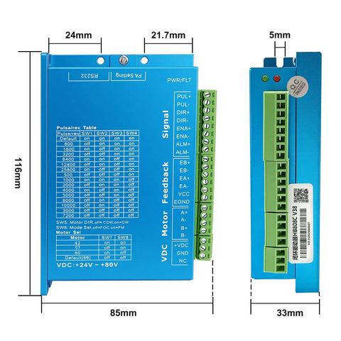 Five Axis CNC Controller Kit With Closed Loop NEMA 23 Stepper Motors blue DSP driver front and side view with dimensions.